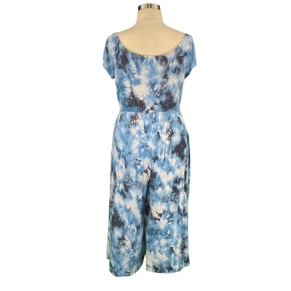 Torrid Blue Tie Dye Off The Shoulder Super Soft Knits Culotte Jumpsuit - Picture 9 of 15
